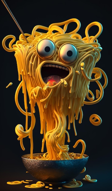 Una caricatura de espaguetis con cara y ojos.