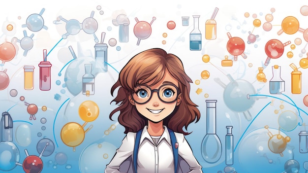 Caricatura de una estudiante haciendo un experimento en un laboratorio de química con un abrigo de vidrio de tubo