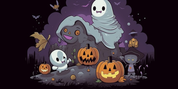 Una caricatura de un fantasma y calabazas con un tema de Halloween.