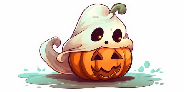 Foto caricatura de un fantasma sobre una calabaza de halloween