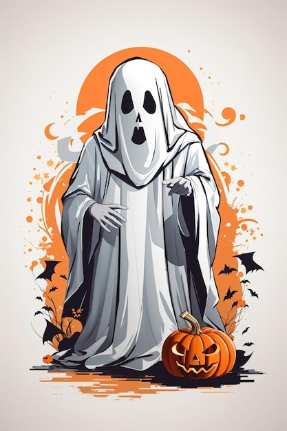 Caricatura de fantasmas de Halloween con una calabaza aislada sobre un fondo blanco