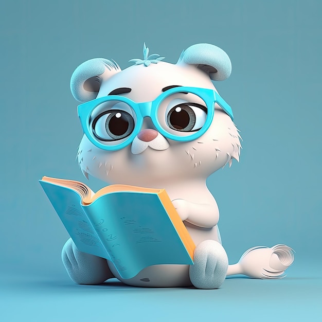 Una caricatura de un gato blanco con gafas leyendo un libro