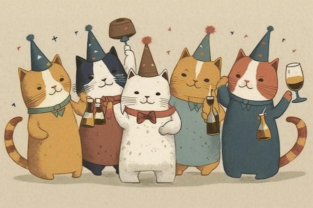 Una caricatura de gatos con sombreros de fiesta y sosteniendo botellas de alcohol.