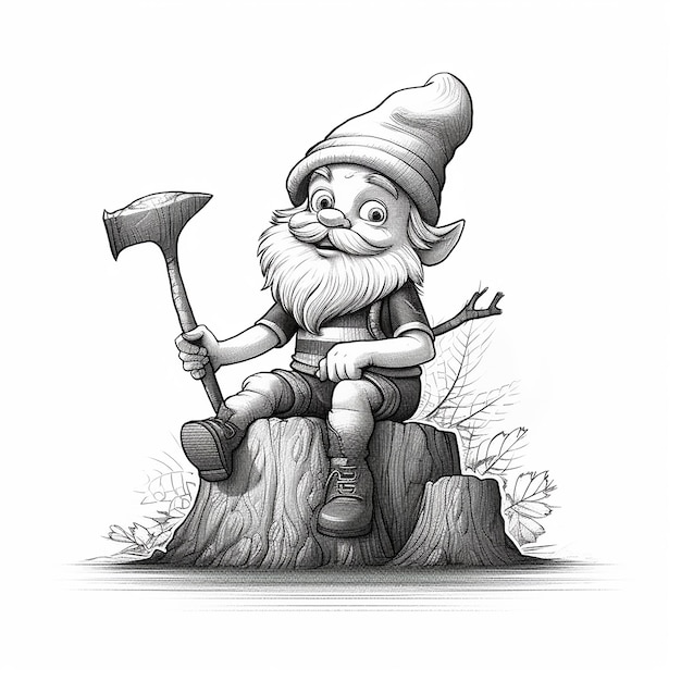 Una caricatura de un gnomo con un hacha se sienta en un tocón.