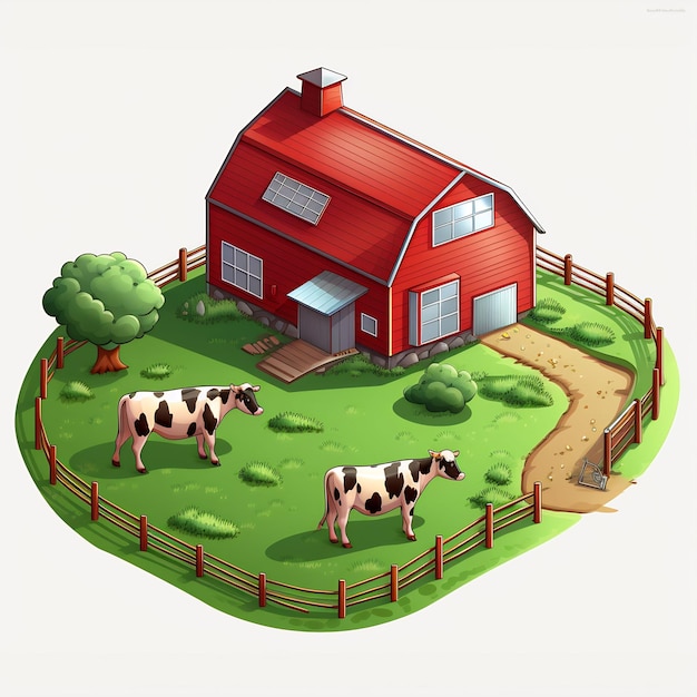 una caricatura de una granja con vacas en el césped