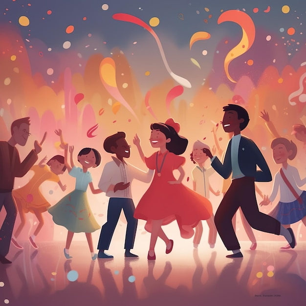 Una caricatura de un grupo de personas bailando y confetti.