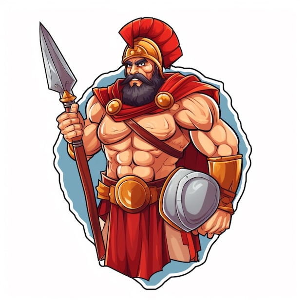 Una caricatura de un guerrero griego sosteniendo una lanza y un escudo.