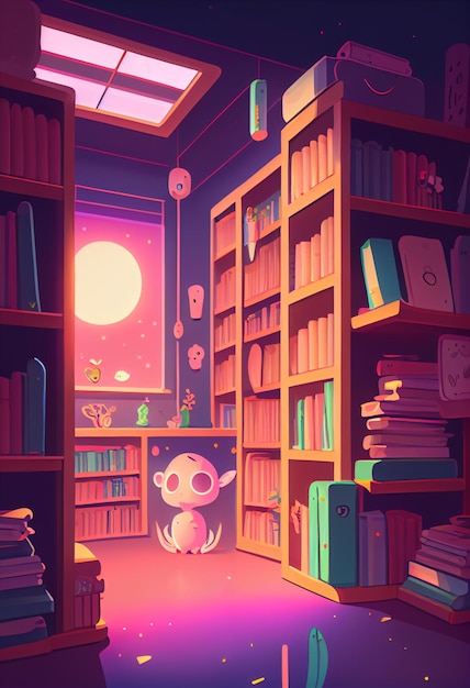 Una caricatura de una habitación con una biblioteca y un gato con una luna en la parte superior.