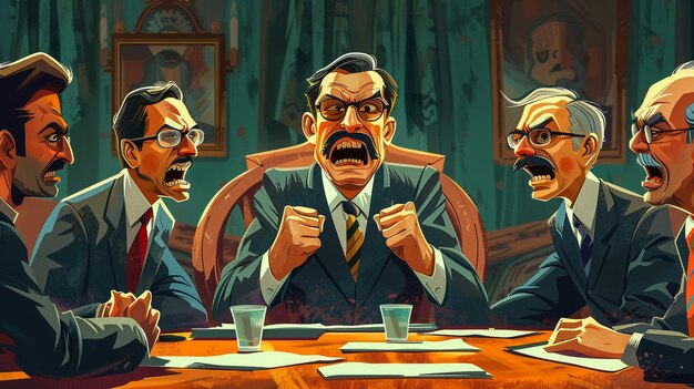 una caricatura de un hombre con bigote y otros dos hombres sentados en una mesa con otros hombres sentados a su alrededor