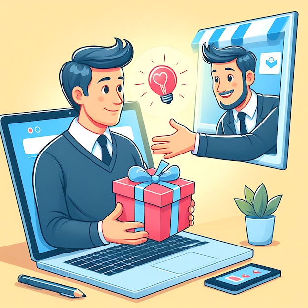 una caricatura de un hombre dando un regalo a un hombre con una computadora portátil y una bombilla