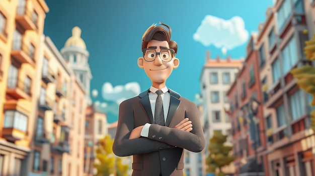 Foto una caricatura de un hombre con gafas en la cabeza está de pie en una ciudad