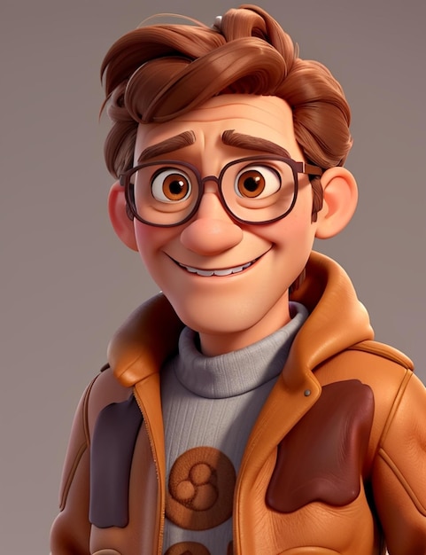Una caricatura de un hombre con gafas y una chaqueta marrón con cuello marrón.