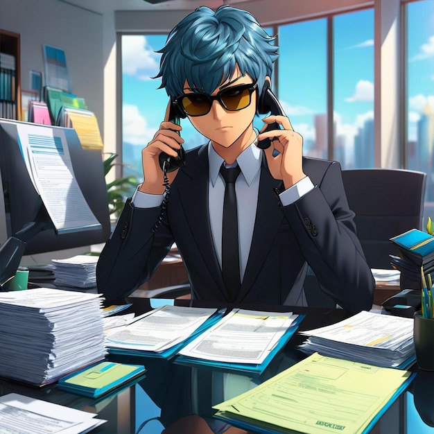 Una caricatura de un hombre hablando por teléfono en una oficina