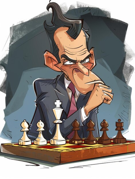 una caricatura de un hombre jugando al ajedrez con piezas de ajedrez