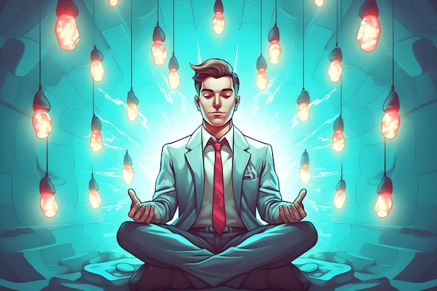 Una caricatura de un hombre meditando frente a un fondo de bombillas