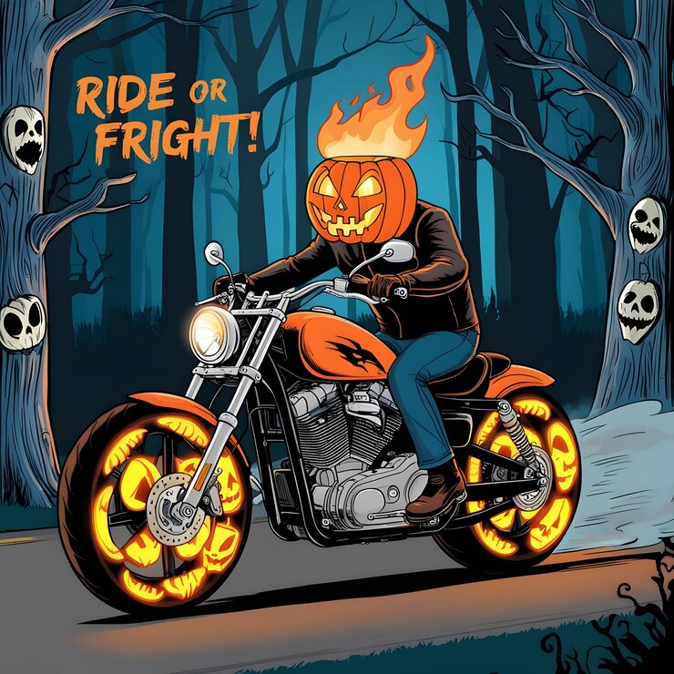 una caricatura de un hombre montando una motocicleta con una calabaza en la espalda
