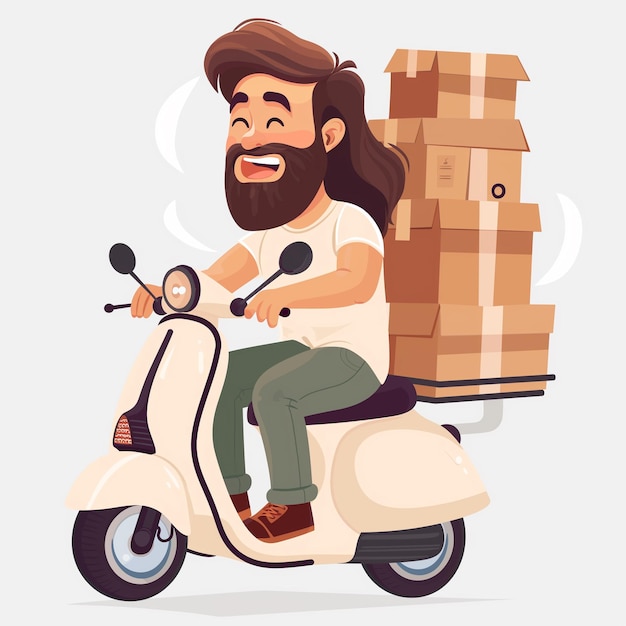 una caricatura de un hombre montando un scooter con una pila de cajas de madera
