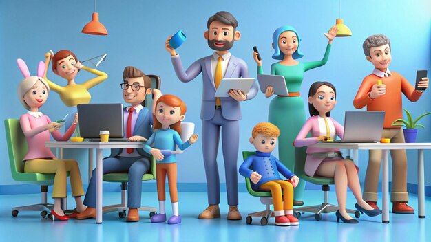 una caricatura de un hombre y una mujer con una computadora portátil y un hombre sosteniendo una taza de café
