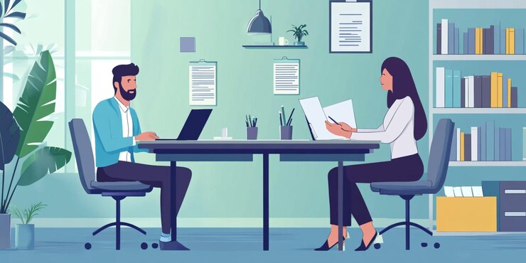 una caricatura de un hombre y una mujer trabajando en un escritorio