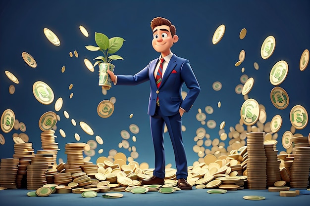 Caricatura, hombre de negocios, carácter, mano, sostenga, un, dinero, crecer, concepto, 3d, ilustración