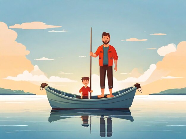 una caricatura de un hombre y un niño en un barco con un palo