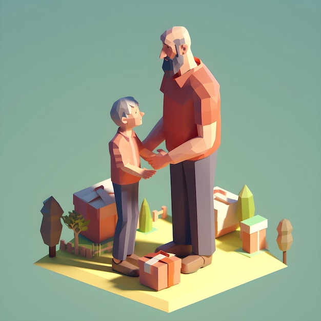 Una caricatura de un hombre y un niño con una caja de regalo en el frente.