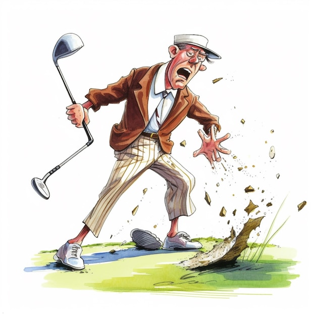 Caricatura de un hombre con un palo de golf y una pelota de golf generativa ai