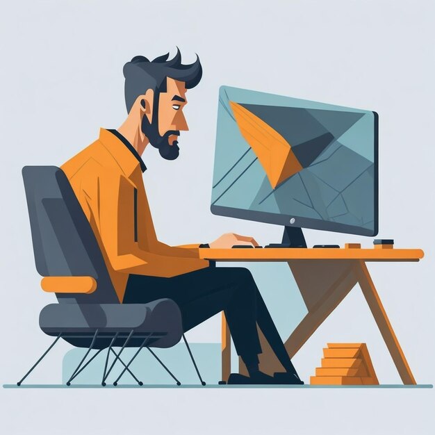 Foto una caricatura de un hombre que trabaja en una computadora con una pantalla en forma de triángulo.