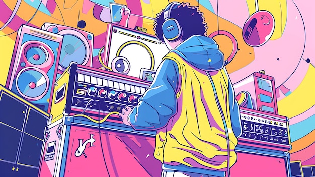 una caricatura de un hombre trabajando en una computadora con auriculares