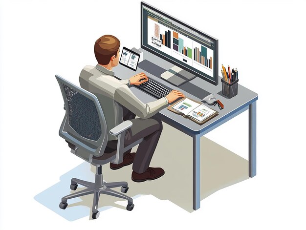 una caricatura de un hombre trabajando en una computadora con una pantalla de computadora detrás de él