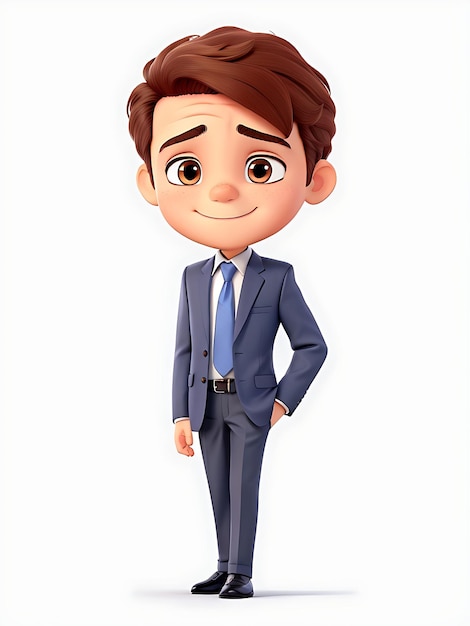 Una caricatura de un hombre con traje, corbata y camisa que dice PERSONAJE 3D GENERADO POR IA