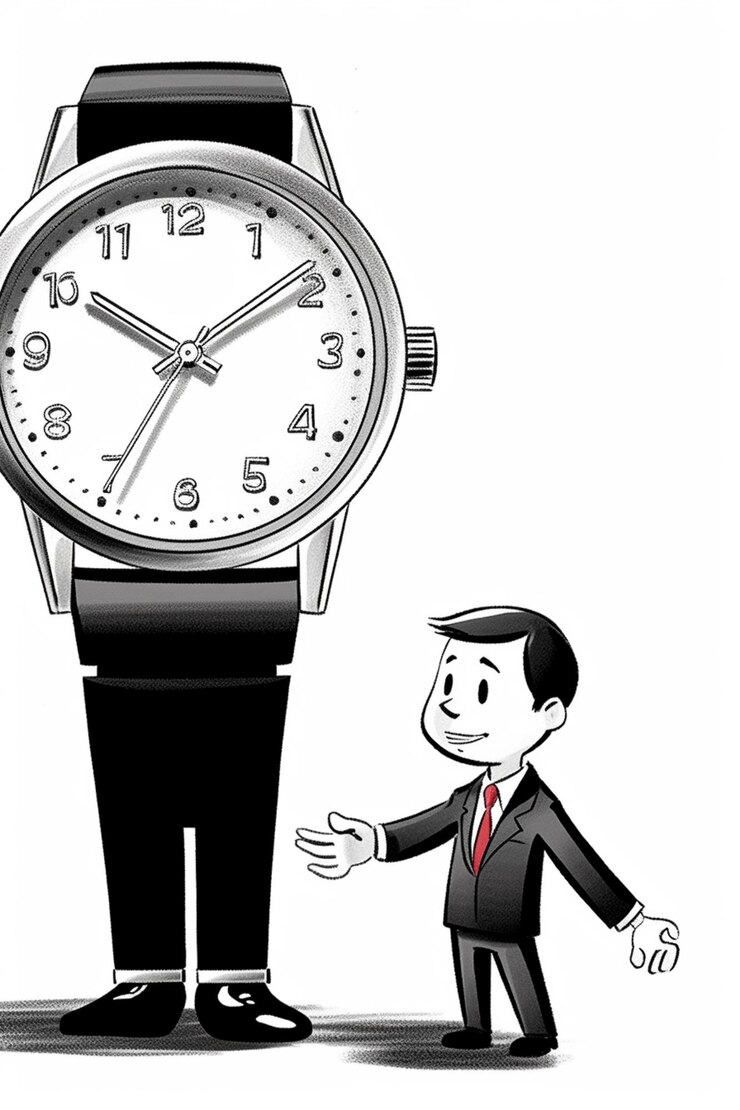 Foto caricatura de un hombre con traje y corbata parado junto a un reloj ai generativo