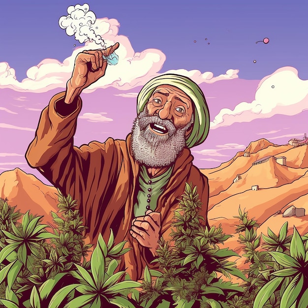 Una caricatura de un hombre con un turbante en la cabeza y un arbusto al fondo.