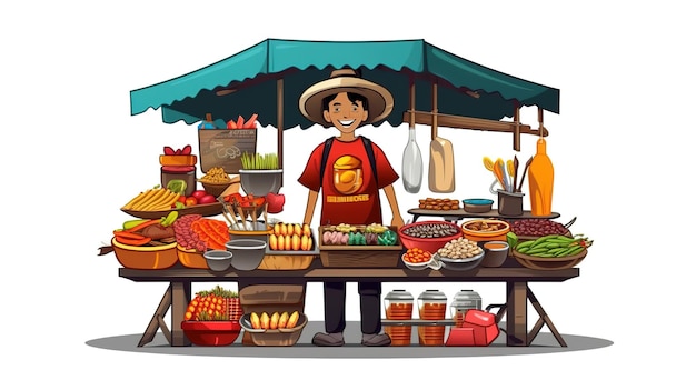 Una caricatura de un hombre vendiendo comida en un mercado.