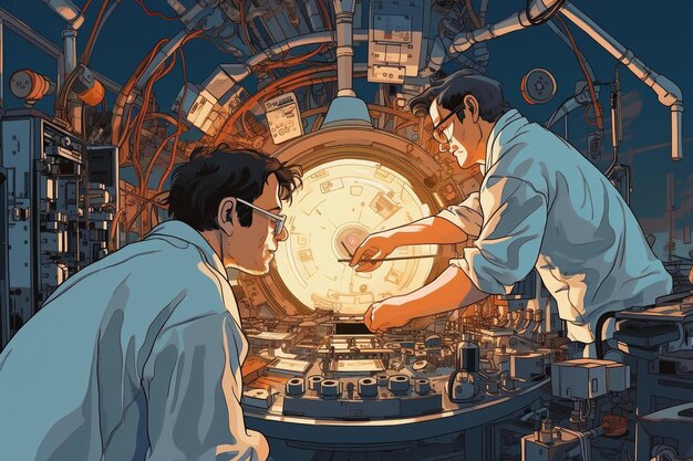 Foto una caricatura de hombres trabajando en una nave espacial con las palabras 