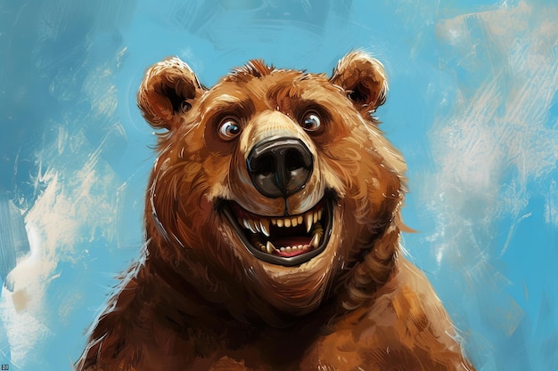 Caricatura humorística y exagerada de un oso con un giro divertido en el retrato de una mascota