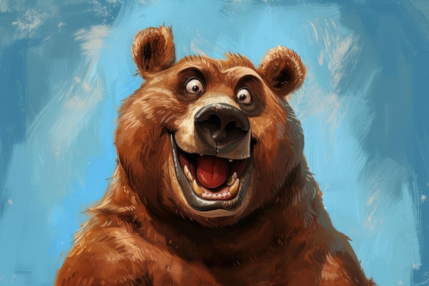 Caricatura humorística y exagerada de un oso con un giro divertido en el retrato de una mascota