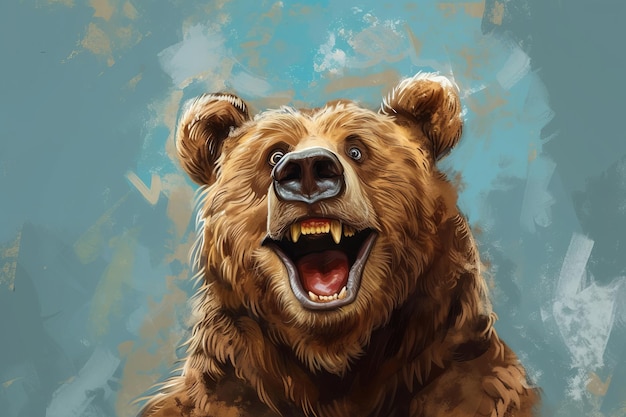 Caricatura humorística y exagerada de un oso con un giro divertido en el retrato de una mascota