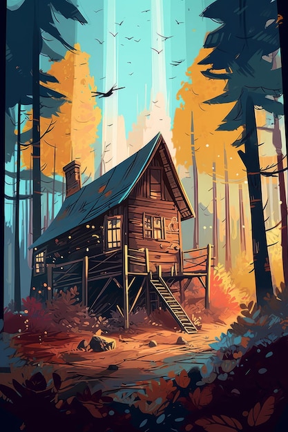 Foto una caricatura de la ilustración de la cabaña en el bosque
