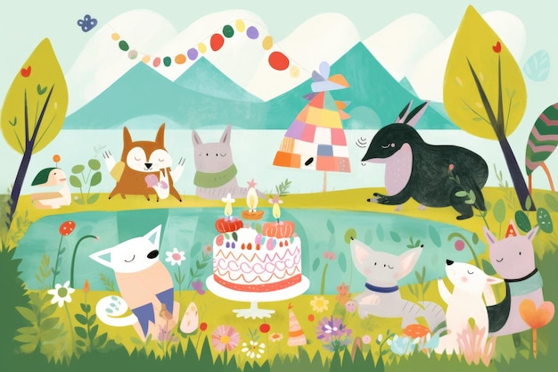 Una caricatura de la ilustración de una fiesta de cumpleaños con un pastel y un gato