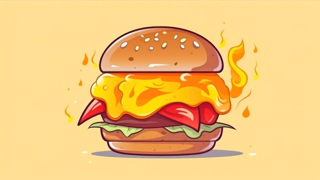 Una caricatura de la ilustración de una hamburguesa con llamas.