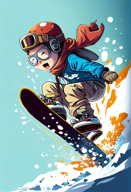 Una caricatura de la ilustración de un snowboarder en una montaña.