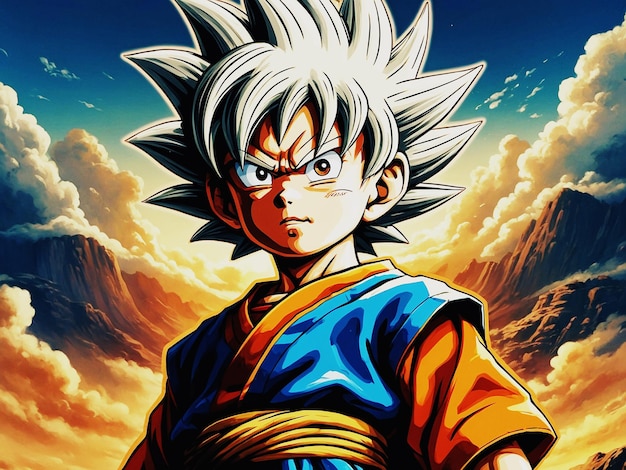 una caricatura de una ilustración ultra detallada del niño Goku con cola de mono con un fondo azul