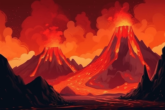 Una caricatura de la ilustración de un volcán con lava en el fondo.