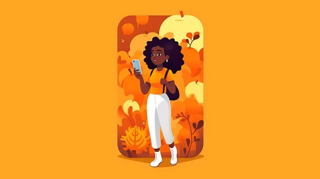 una caricatura ilustrada una chica afroamericana usando una aplicación móvil