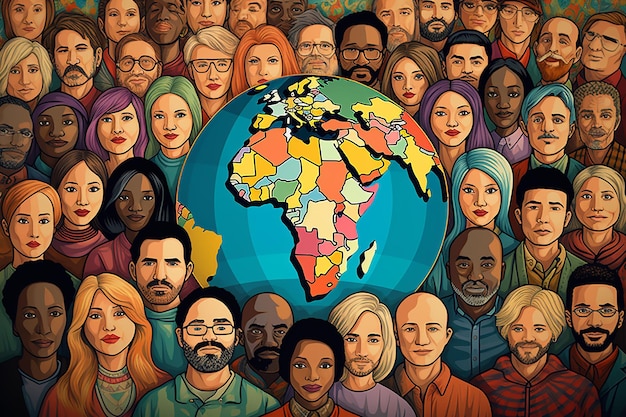 Foto caricatura inclusión de la diversidad y la igualdad etnias población mundial ilustración de pintura