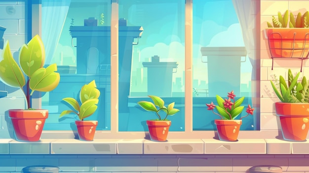 Foto caricatura de un jardín de plantas en un balcón de una casa urbana una olla de flores en un estante y una terraza de la casa o techo un exterior de terraza o balcón para el crecimiento de plántulas o brotes un apartamento moderno y lindo