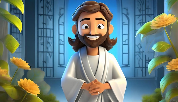 Caricatura de Jesucristo de pie en el jardín de su casa