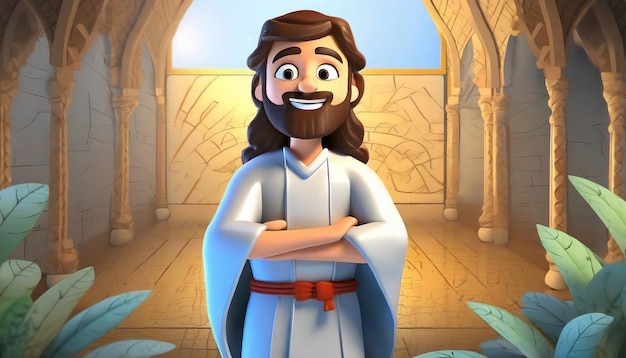 Caricatura de Jesucristo de pie en el jardín de su casa