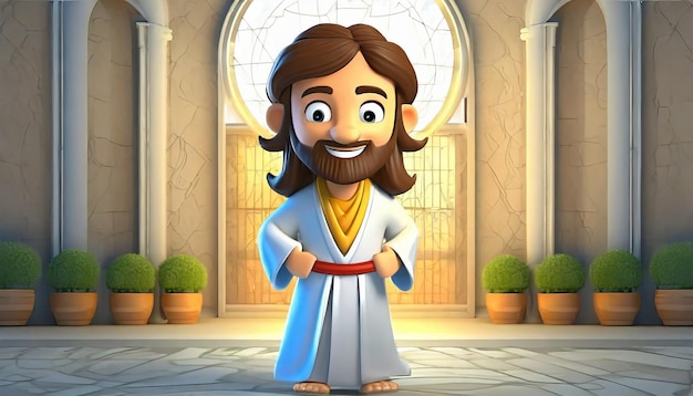 Foto caricatura de jesucristo de pie en el jardín de su casa